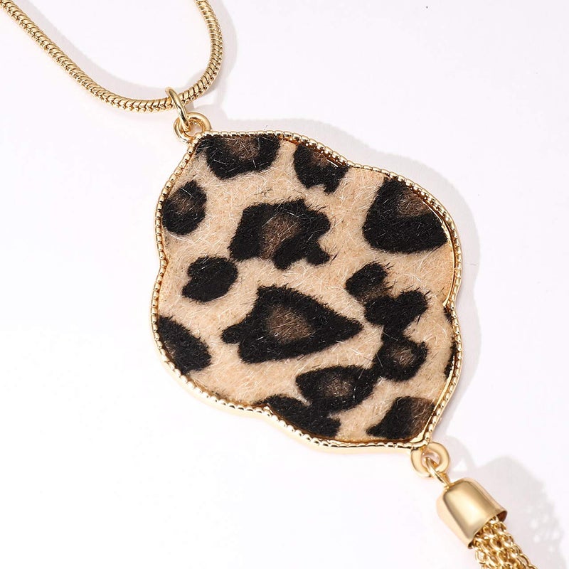 PHALIN Long Necklace for Women Leopard Quatrefoil Pendant Necklace Bohemia Fringe Tassel Necklaces Y Chain Necklace Fashion Jewelry (A Gold-Leopard) - Image 4